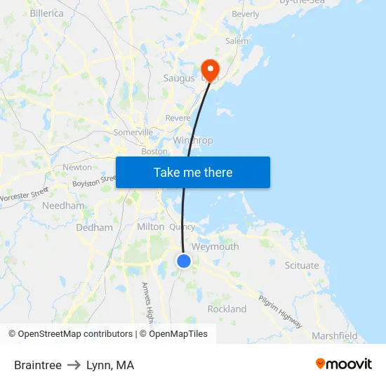 Braintree to Lynn, MA map