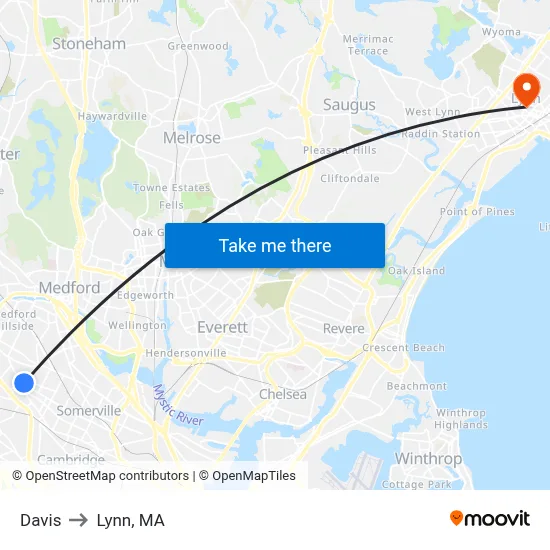 Davis to Lynn, MA map
