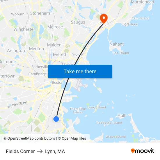 Fields Corner to Lynn, MA map