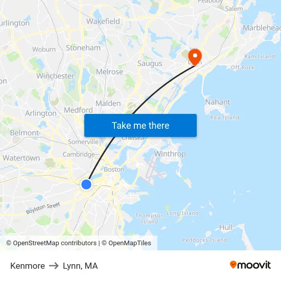 Kenmore to Lynn, MA map