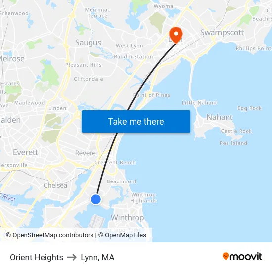 Orient Heights to Lynn, MA map