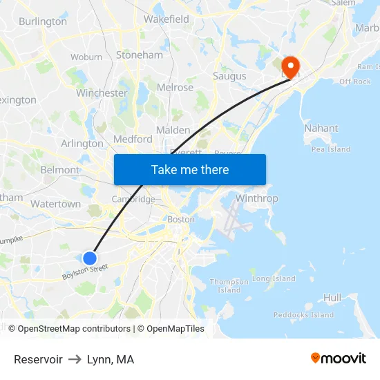 Reservoir to Lynn, MA map