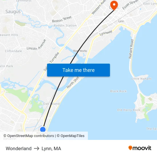 Wonderland to Lynn, MA map