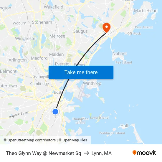 Theo Glynn Way @ Newmarket Sq to Lynn, MA map