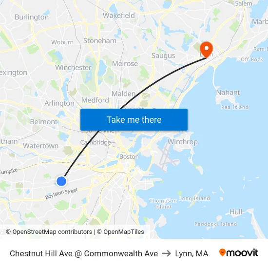 Chestnut Hill Ave @ Commonwealth Ave to Lynn, MA map