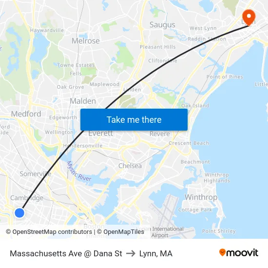 Massachusetts Ave @ Dana St to Lynn, MA map