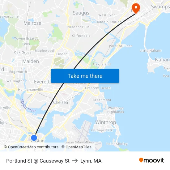 Portland St @ Causeway St to Lynn, MA map