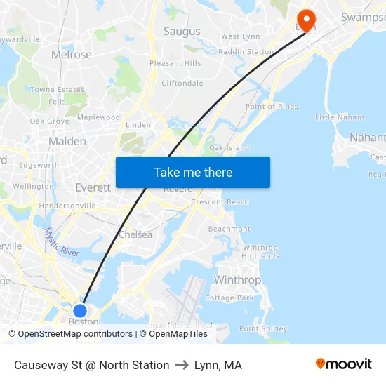 Causeway St @ North Station to Lynn, MA map