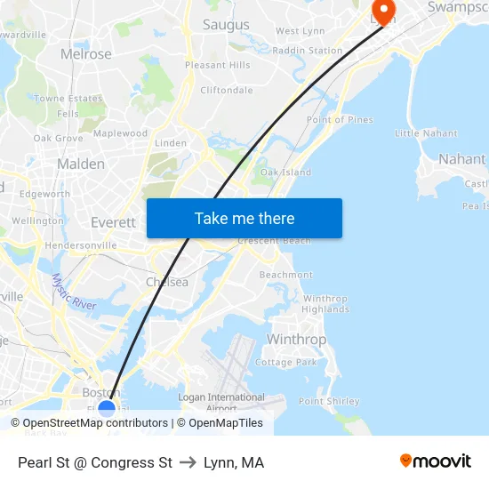 Pearl St @ Congress St to Lynn, MA map