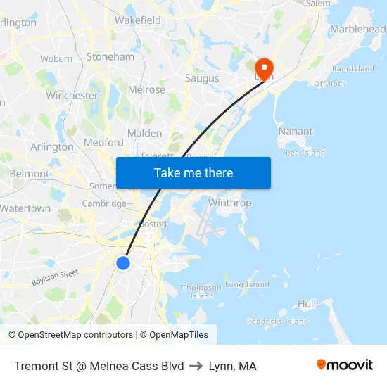 Tremont St @ Melnea Cass Blvd to Lynn, MA map