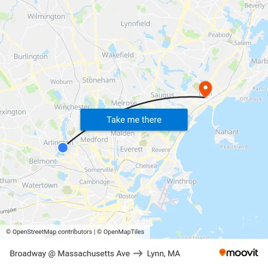 Broadway @ Massachusetts Ave to Lynn, MA map