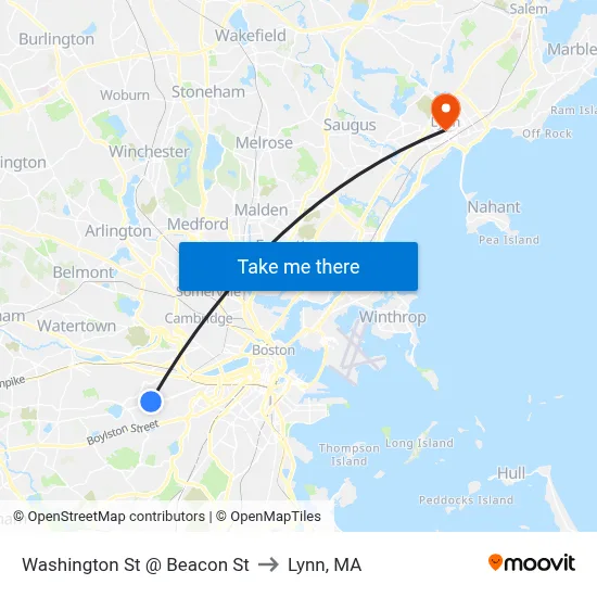 Washington St @ Beacon St to Lynn, MA map
