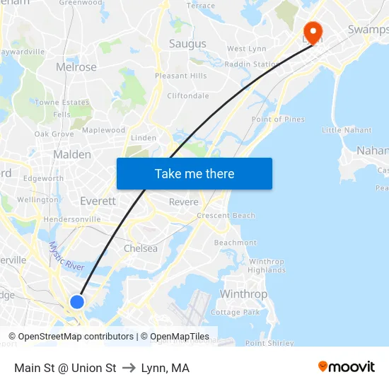 Main St @ Union St to Lynn, MA map
