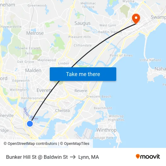 Bunker Hill St @ Baldwin St to Lynn, MA map
