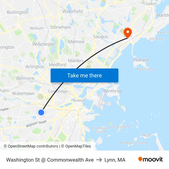 Washington St @ Commonwealth Ave to Lynn, MA map