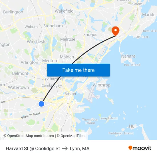 Harvard St @ Coolidge St to Lynn, MA map