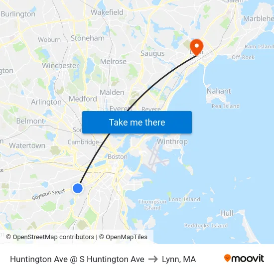 Huntington Ave @ S Huntington Ave to Lynn, MA map