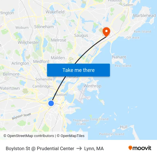 Boylston St @ Prudential Center to Lynn, MA map