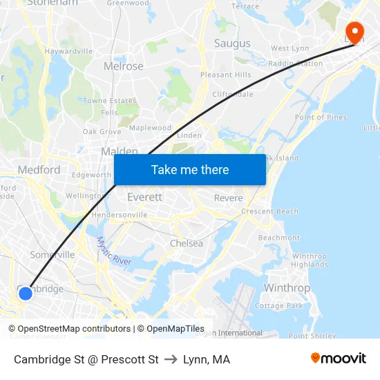 Cambridge St @ Prescott St to Lynn, MA map