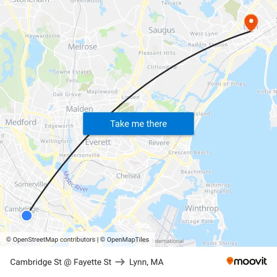Cambridge St @ Fayette St to Lynn, MA map
