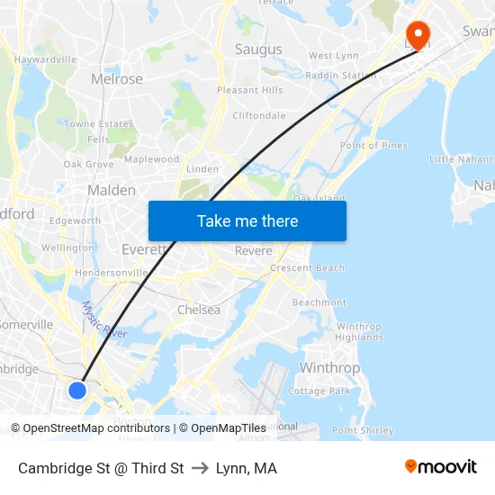 Cambridge St @ Third St to Lynn, MA map