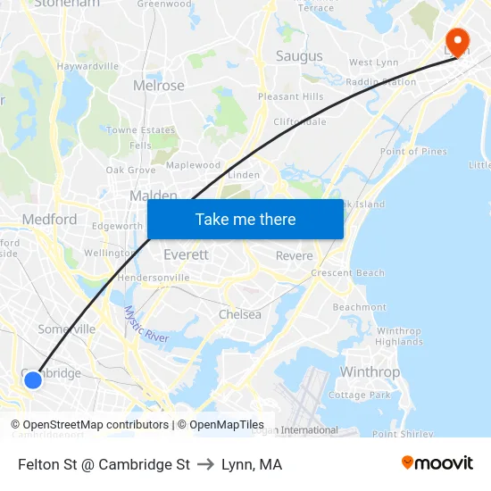 Felton St @ Cambridge St to Lynn, MA map