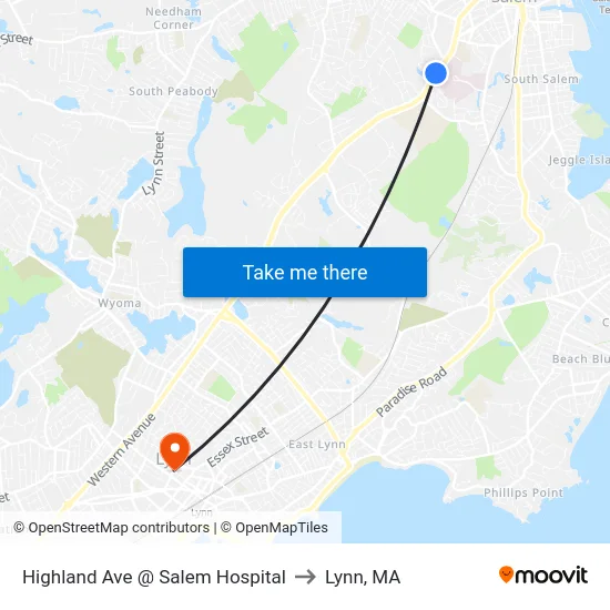 Highland Ave @ Salem Hospital to Lynn, MA map