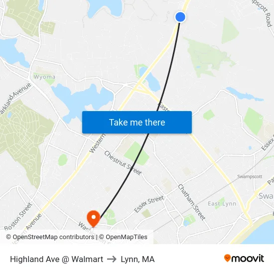 Highland Ave @ Walmart to Lynn, MA map