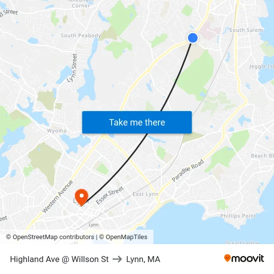 Highland Ave @ Willson St to Lynn, MA map