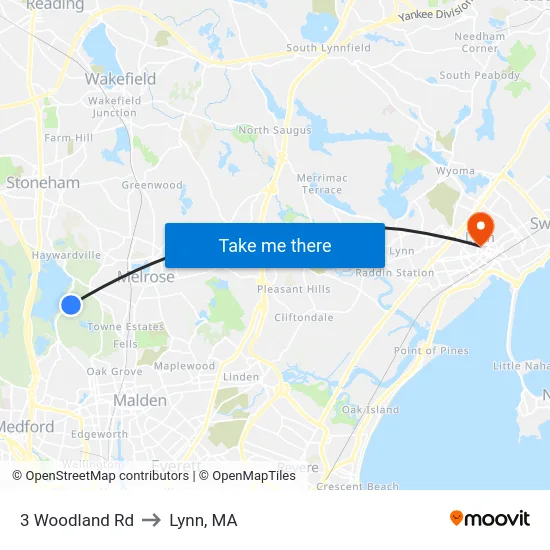 3 Woodland Rd to Lynn, MA map