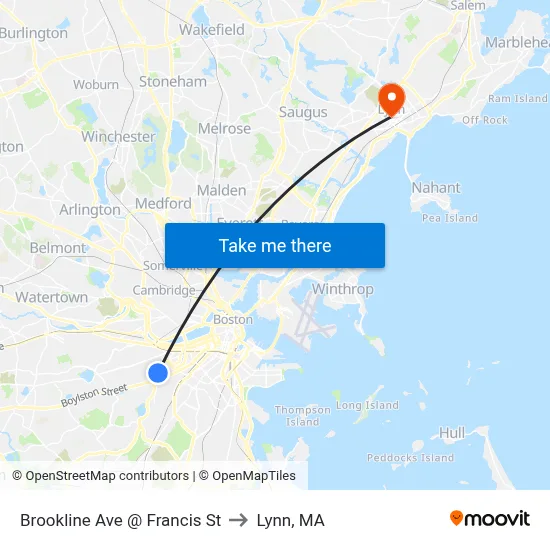 Brookline Ave @ Francis St to Lynn, MA map