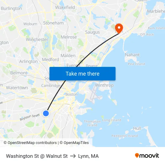 Washington St @ Walnut St to Lynn, MA map