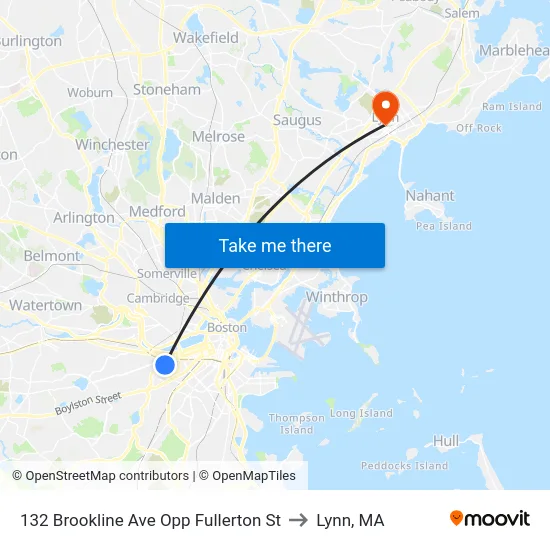 132 Brookline Ave Opp Fullerton St to Lynn, MA map