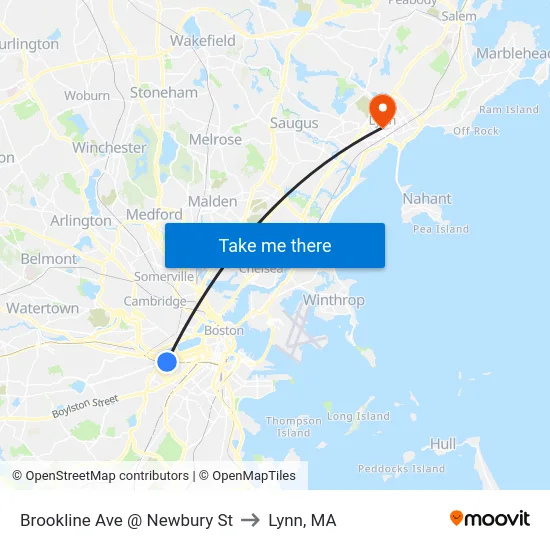 Brookline Ave @ Newbury St to Lynn, MA map