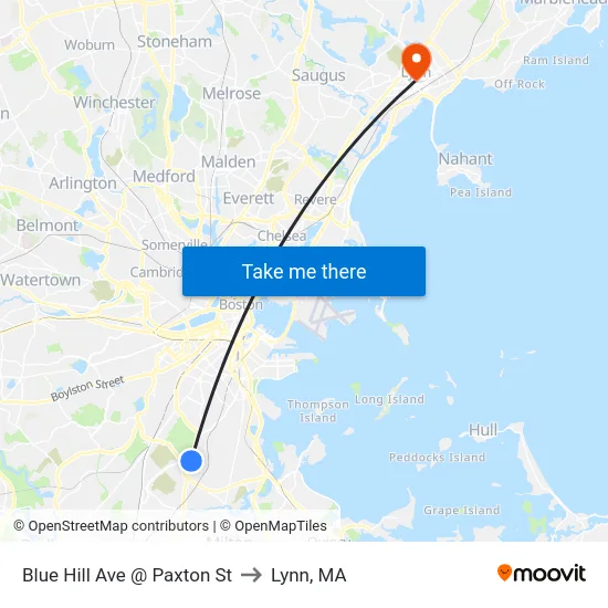 Blue Hill Ave @ Paxton St to Lynn, MA map