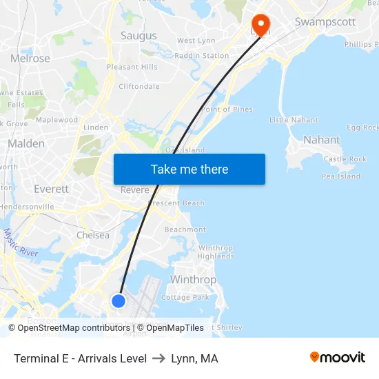 Terminal E - Arrivals Level to Lynn, MA map