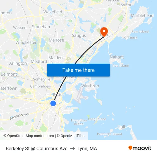 Berkeley St @ Columbus Ave to Lynn, MA map