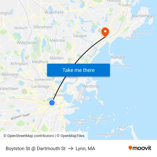 Boylston St @ Dartmouth St to Lynn, MA map