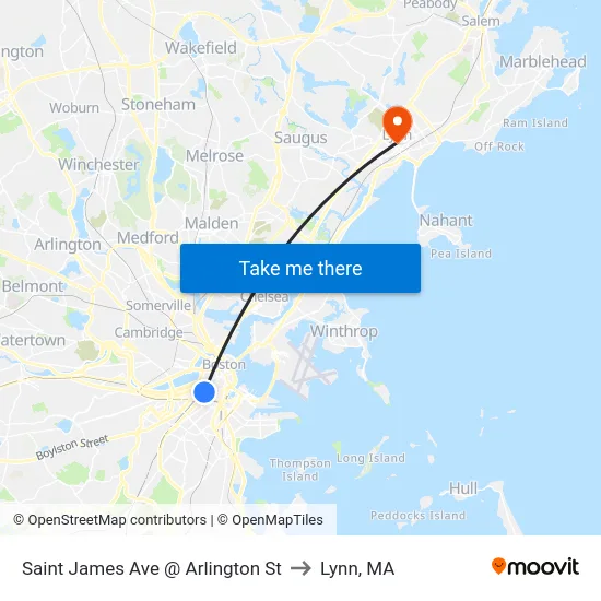 Saint James Ave @ Arlington St to Lynn, MA map