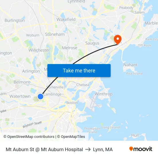 Mt Auburn St @ Mt Auburn Hospital to Lynn, MA map