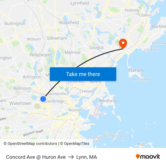 Concord Ave @ Huron Ave to Lynn, MA map