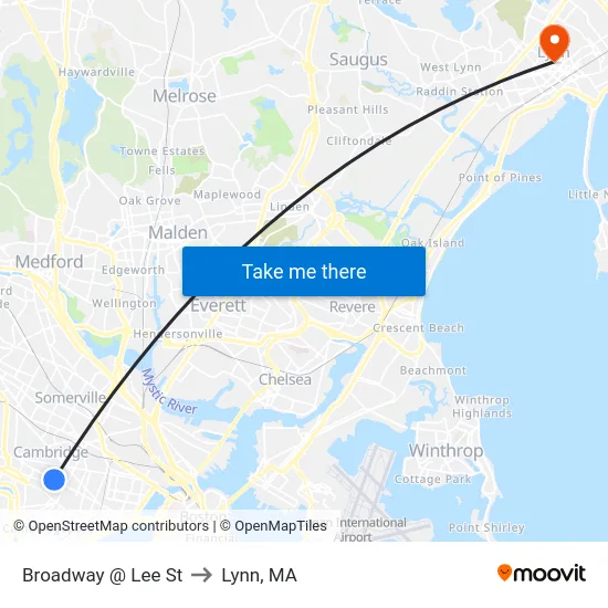Broadway @ Lee St to Lynn, MA map