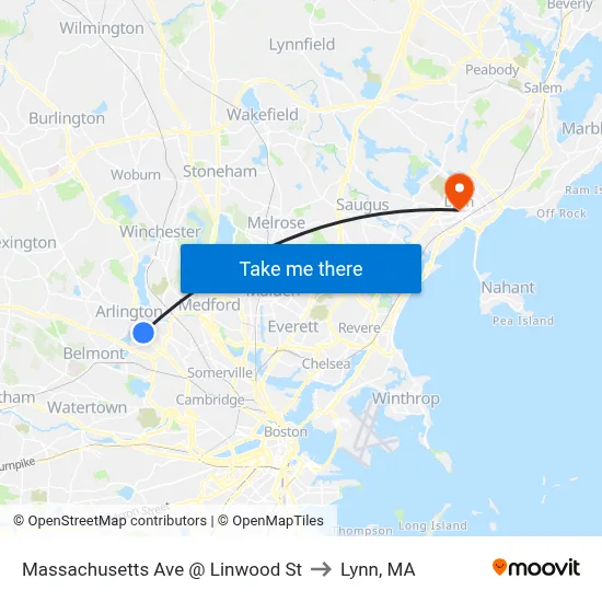 Massachusetts Ave @ Linwood St to Lynn, MA map