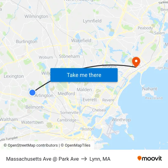 Massachusetts Ave @ Park Ave to Lynn, MA map