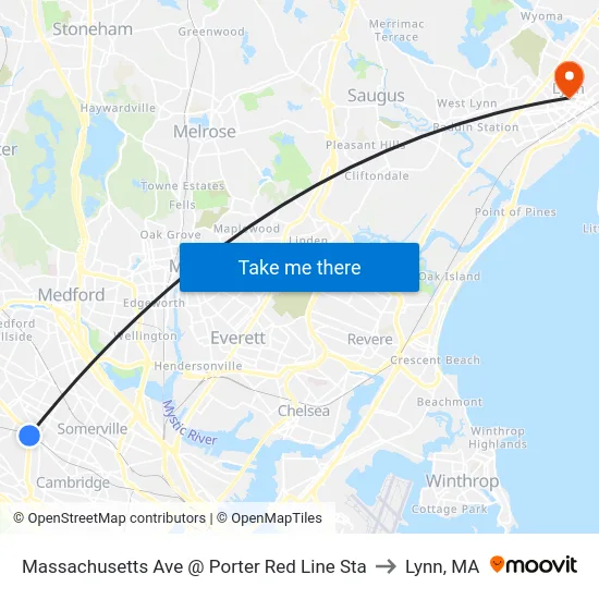 Massachusetts Ave @ Porter Red Line Sta to Lynn, MA map