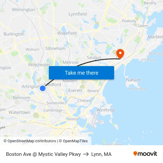 Boston Ave @ Mystic Valley Pkwy to Lynn, MA map