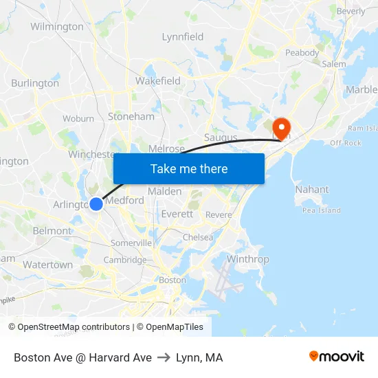 Boston Ave @ Harvard Ave to Lynn, MA map