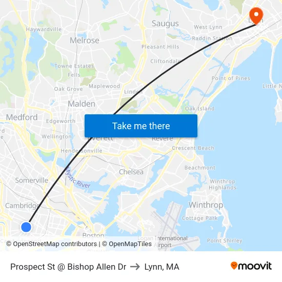 Prospect St @ Bishop Allen Dr to Lynn, MA map