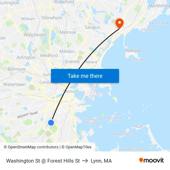 Washington St @ Forest Hills St to Lynn, MA map