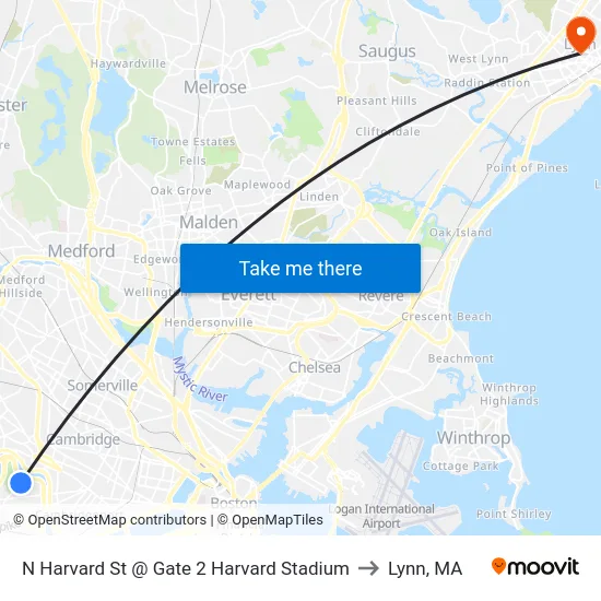 N Harvard St @ Gate 2 Harvard Stadium to Lynn, MA map